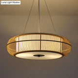 Bamboo Tea Room Chandelier - Curved Drum Suspension Light With South-East Asian Influence