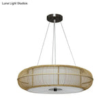 Bamboo Tea Room Chandelier - Curved Drum Suspension Light With South-East Asian Influence