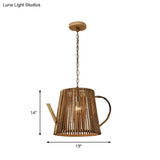 Bamboo Teapot Pendant Lighting - Wood Hanging Lamp With Adjustable Chain 1 Bulb Kit