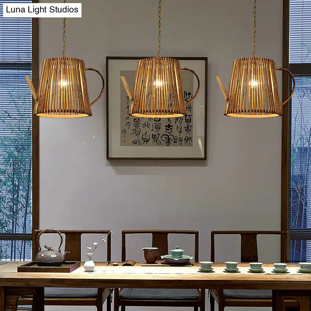 Bamboo Teapot Pendant Lighting - Wood Hanging Lamp With Adjustable Chain 1 Bulb Kit