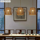 Bamboo Teapot Pendant Lighting - Wood Hanging Lamp With Adjustable Chain 1 Bulb Kit