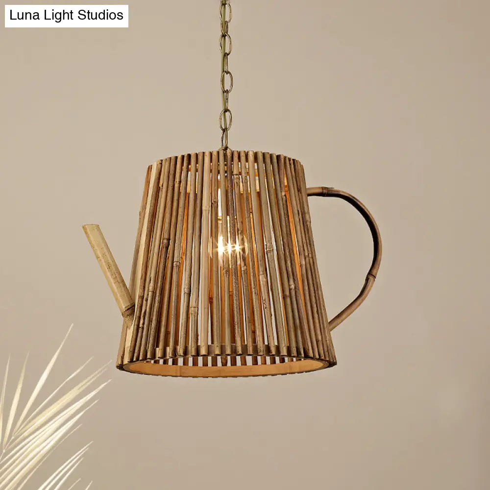 Bamboo Teapot Pendant Lighting - Wood Hanging Lamp With Adjustable Chain 1 Bulb Kit