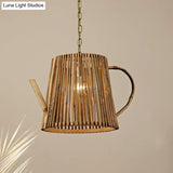 Bamboo Teapot Pendant Lighting - Wood Hanging Lamp With Adjustable Chain 1 Bulb Kit