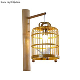 Bamboo Wall Mount Sconce Lamp With Asian Flair - Wood Cage Design 1 Bulb White Bird Deco