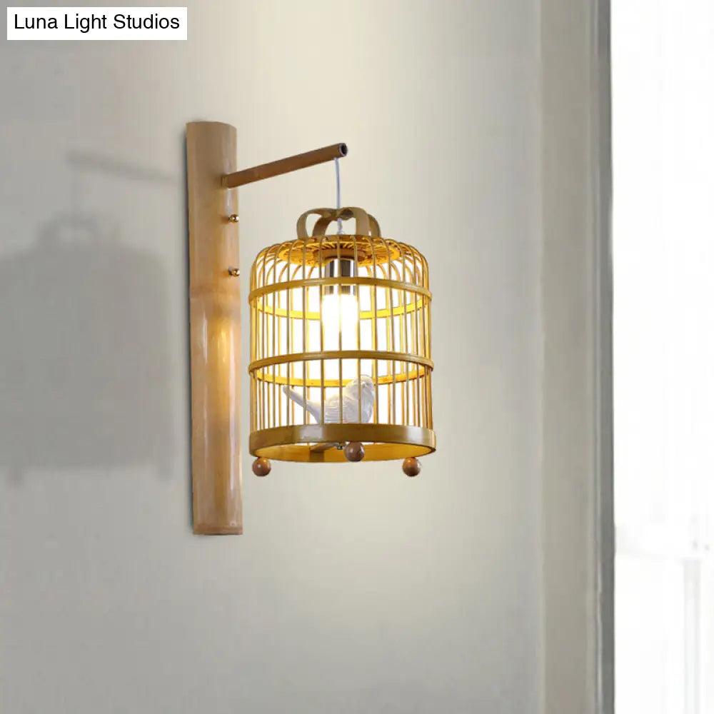 Bamboo Wall Mount Sconce Lamp With Asian Flair - Wood Cage Design 1 Bulb White Bird Deco