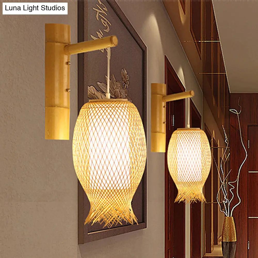 Bamboo Wall Sconce With Asian Style And Beige Oblong Shade - Hand Woven 1-Bulb Lamp
