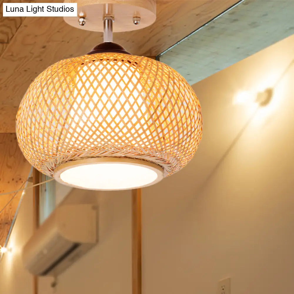 Bamboo Wood Lantern Semi-Flush Mount Ceiling Fixture - 10’/14’/16’ Wide
