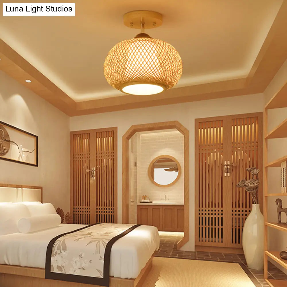 Bamboo Wood Lantern Semi-Flush Mount Ceiling Fixture - 10’/14’/16’ Wide