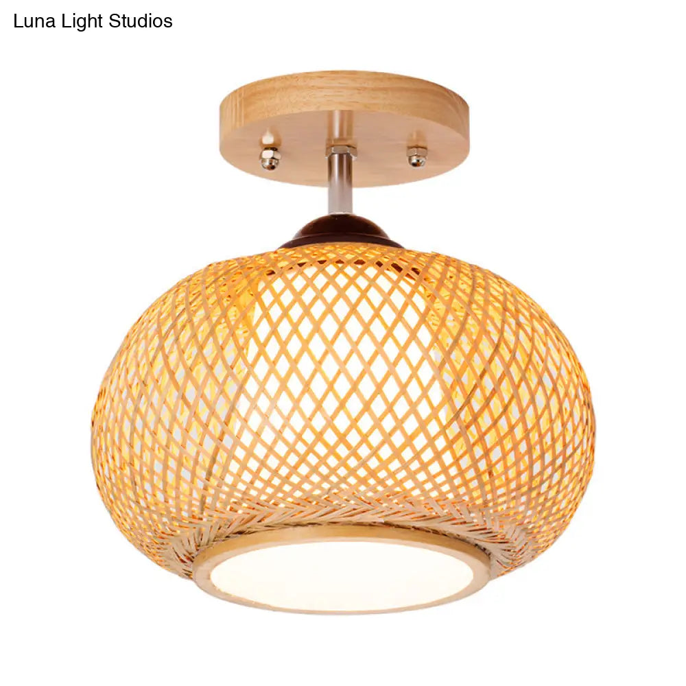 Bamboo Wood Lantern Semi-Flush Mount Ceiling Fixture - 10’/14’/16’ Wide
