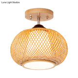 Bamboo Wood Lantern Semi-Flush Mount Ceiling Fixture - 10’/14’/16’ Wide