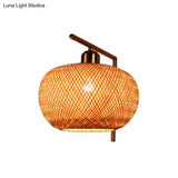 Bamboo Woven Wall Lantern - Chinese Style Wood Mounted Light Fixture With Criss-Cross Design