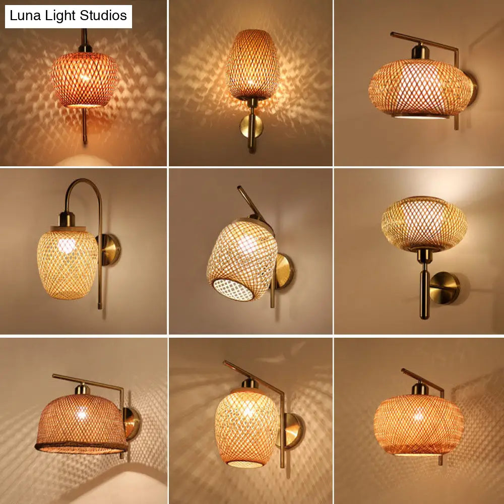 Bamboo Woven Wall Lantern - Chinese Style Wood Mounted Light Fixture With Criss-Cross Design