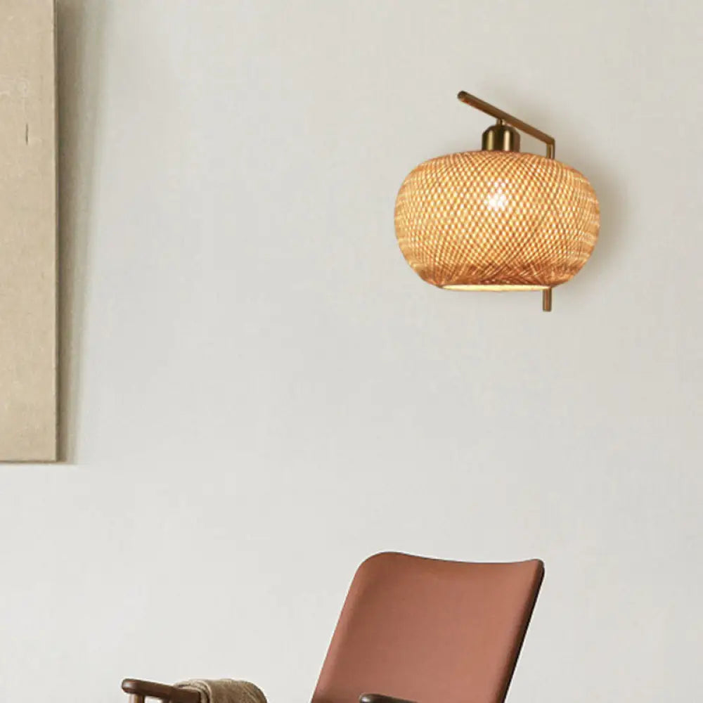 Bamboo Woven Wall Lantern - Chinese Style Wood Mounted Light Fixture With Criss-Cross Design
