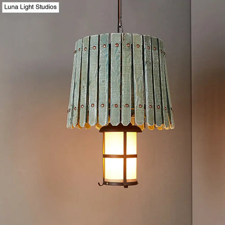 Bar Hanging Light Kit - Opal Glass Lantern Pendant With Barrel Wood Design In Black