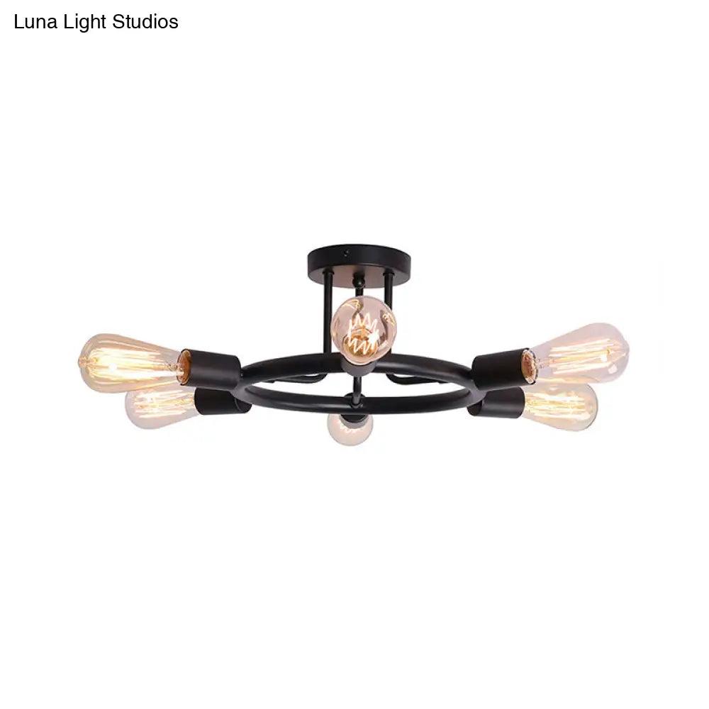 Bare Bulb Mid Century Metallic Semi Flush Ceiling Light - 6 Heads Brass/Black Finish