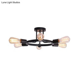 Bare Bulb Mid Century Metallic Semi Flush Ceiling Light - 6 Heads Brass/Black Finish