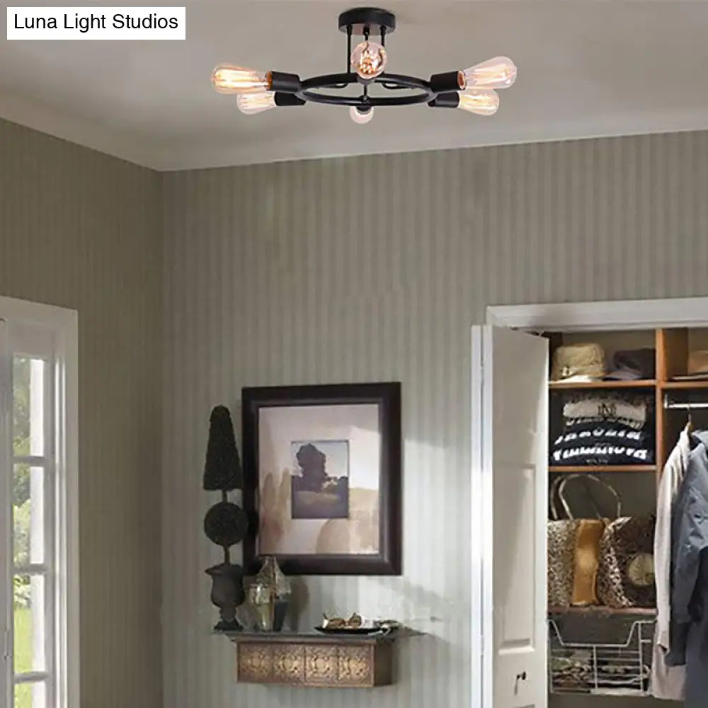 Bare Bulb Mid Century Metallic Semi Flush Ceiling Light - 6 Heads Brass/Black Finish