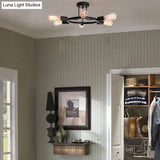 Bare Bulb Mid Century Metallic Semi Flush Ceiling Light - 6 Heads Brass/Black Finish