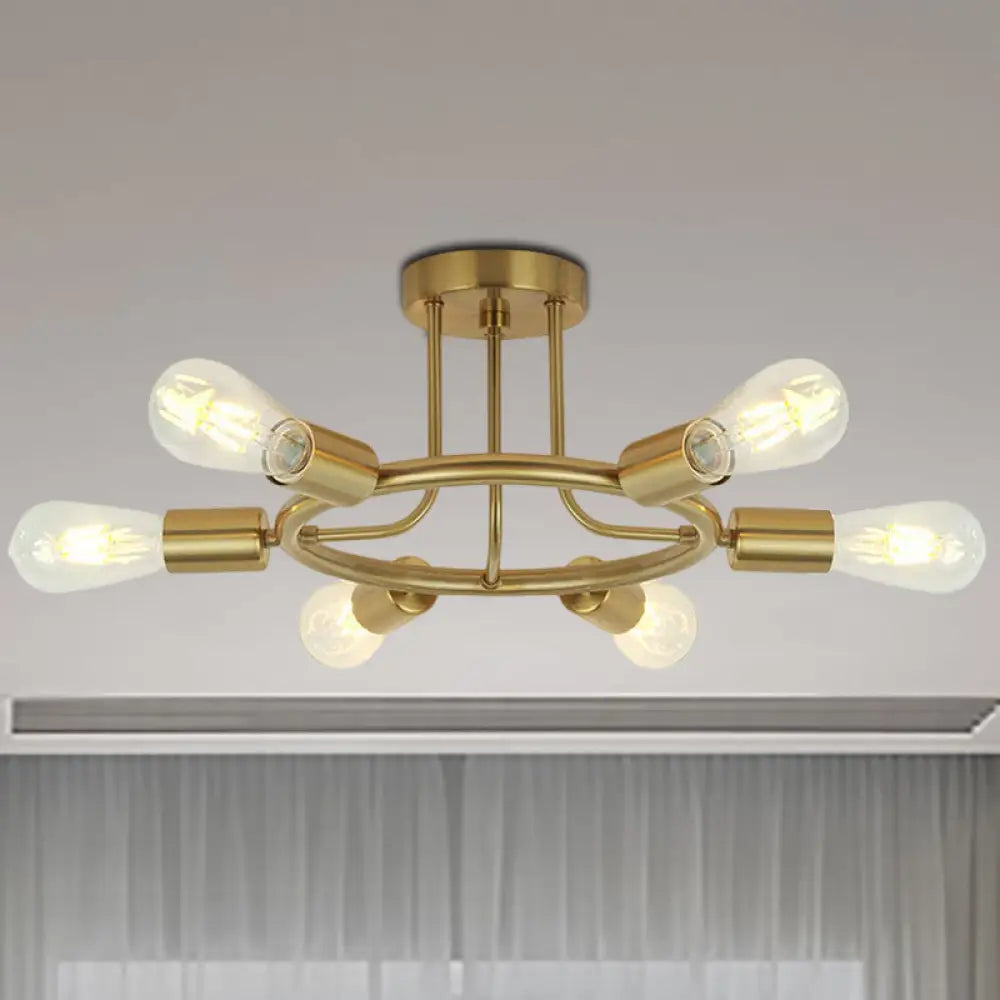 Bare Bulb Mid Century Metallic Semi Flush Ceiling Light - 6 Heads Brass/Black Finish Brass