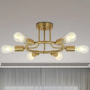Bare Bulb Mid Century Metallic Semi Flush Ceiling Light - 6 Heads Brass/Black Finish Brass
