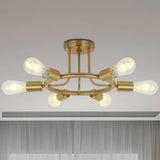 Bare Bulb Mid Century Metallic Semi Flush Ceiling Light - 6 Heads Brass/Black Finish Brass