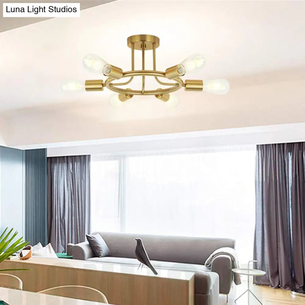 Bare Bulb Mid Century Metallic Semi Flush Ceiling Light - 6 Heads Brass/Black Finish