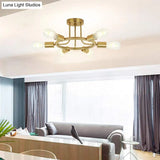Bare Bulb Mid Century Metallic Semi Flush Ceiling Light - 6 Heads Brass/Black Finish