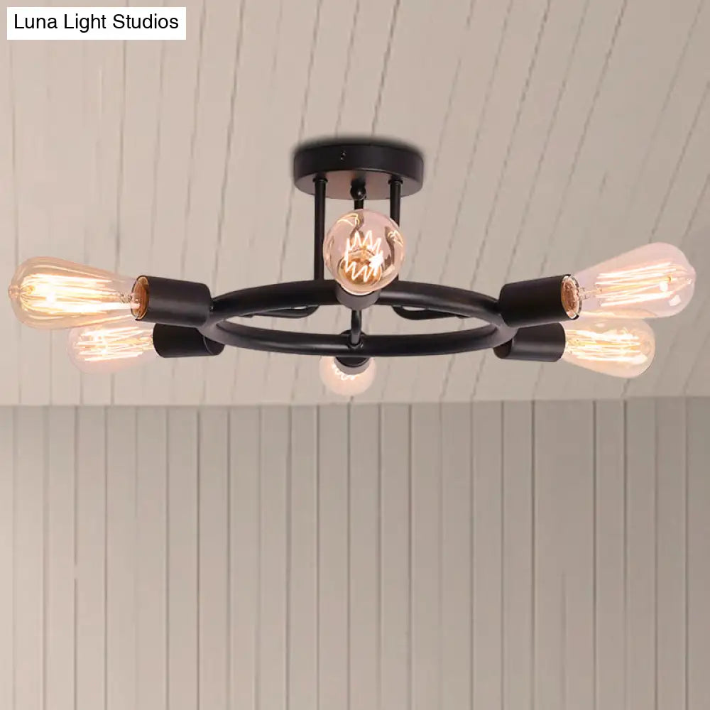 Bare Bulb Mid Century Metallic Semi Flush Ceiling Light - 6 Heads Brass/Black Finish
