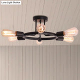Bare Bulb Mid Century Metallic Semi Flush Ceiling Light - 6 Heads Brass/Black Finish