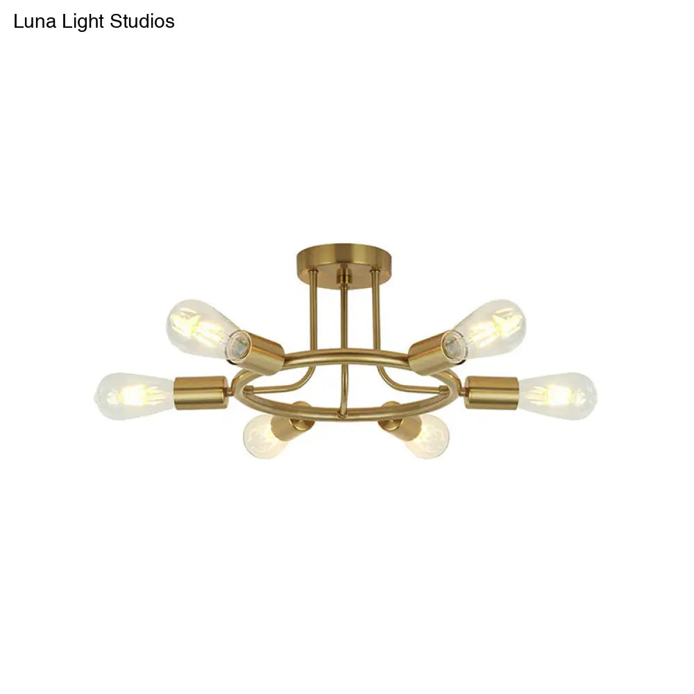 Bare Bulb Mid Century Metallic Semi Flush Ceiling Light - 6 Heads Brass/Black Finish