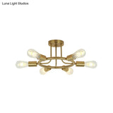 Bare Bulb Mid Century Metallic Semi Flush Ceiling Light - 6 Heads Brass/Black Finish