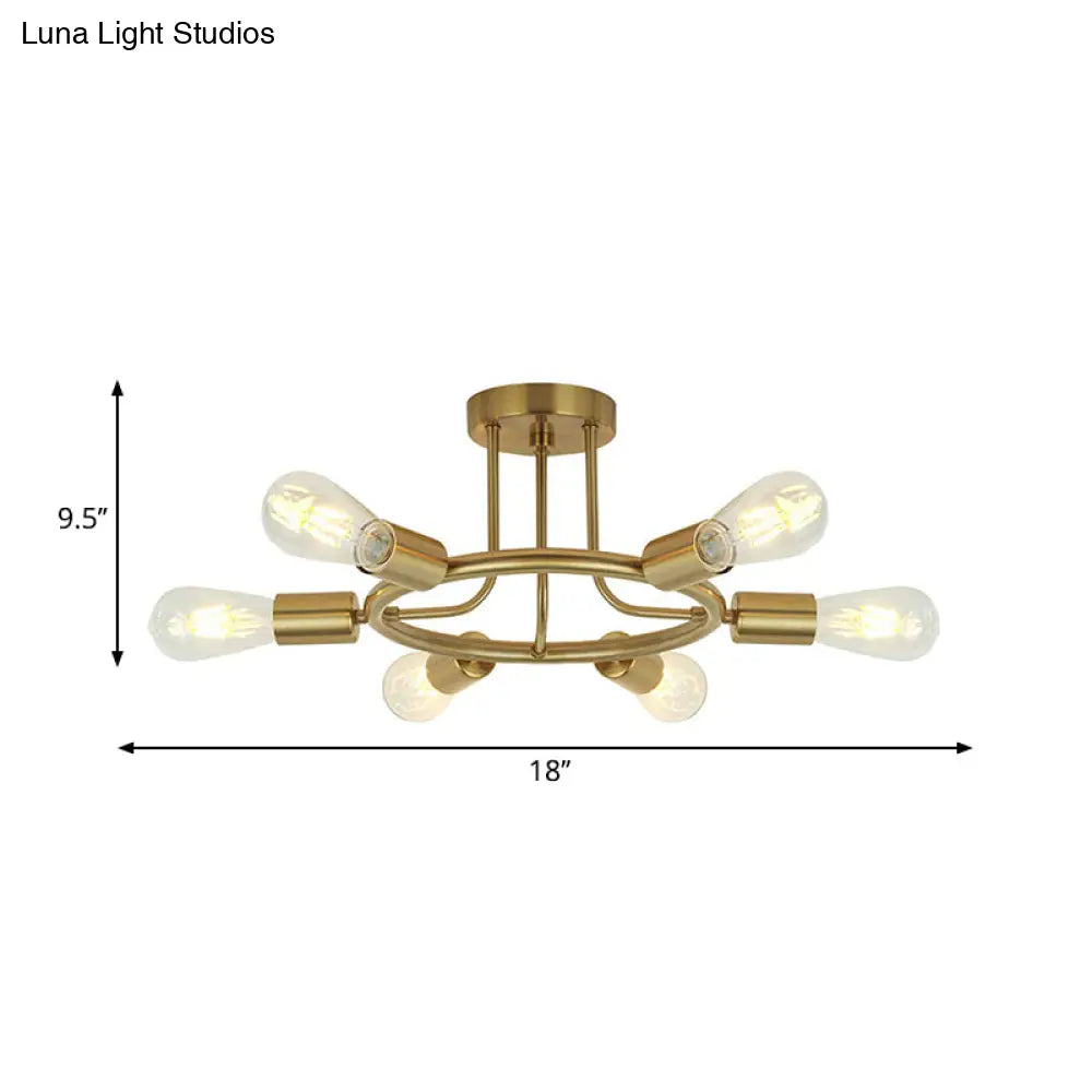 Bare Bulb Mid Century Metallic Semi Flush Ceiling Light - 6 Heads Brass/Black Finish