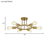 Bare Bulb Mid Century Metallic Semi Flush Ceiling Light - 6 Heads Brass/Black Finish