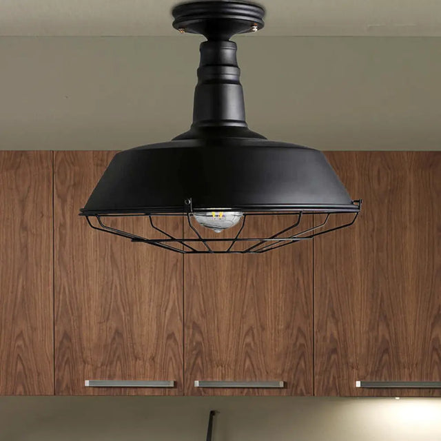 Barn Semi Flush Industrial Black Metal Cage Light Fixture - 10’/14’ Wide / 10’