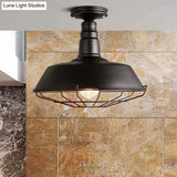 Barn Semi Flush Industrial Black Metal Cage Light Fixture - 10’/14’ Wide