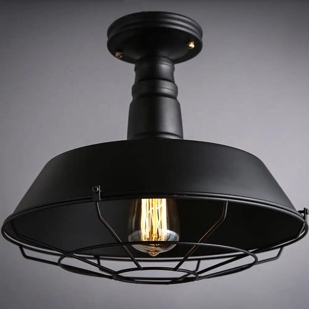 Barn Semi Flush Industrial Black Metal Cage Light Fixture - 10’/14’ Wide / 14’
