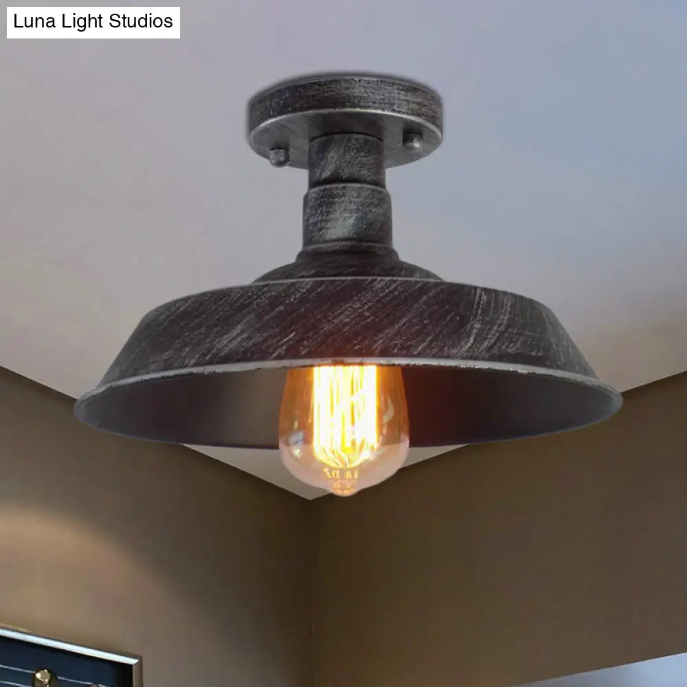 Barn Shade Semi-Flush Mount Ceiling Light In Aged Silver/Weathered Copper For Farmhouse Decor