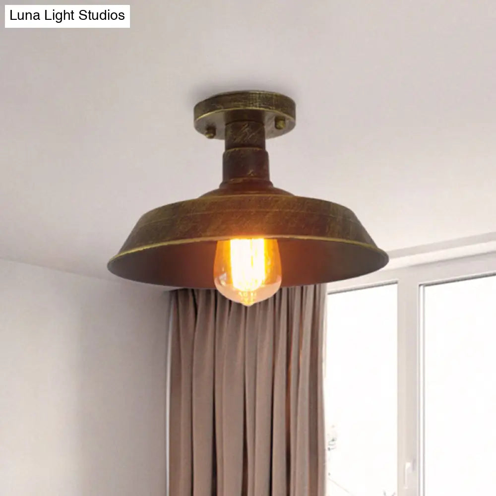 Barn Shade Semi-Flush Mount Ceiling Light In Aged Silver/Weathered Copper For Farmhouse Decor