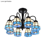 Baroque Blue Glass Ceiling Light Fixture - Domed Cut Semi Mount 6/8 Lights Stylish Design