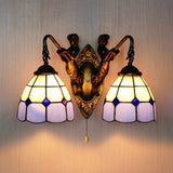 Baroque Blue Glass Wall Sconce Light Antique Brass Finish 6/8 Wide With Grid Pattern / 6