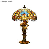Baroque Blue/White-Brown Glass Parrot Table Lamp With Scalloped-Trim Netting: 3-Light Bronze