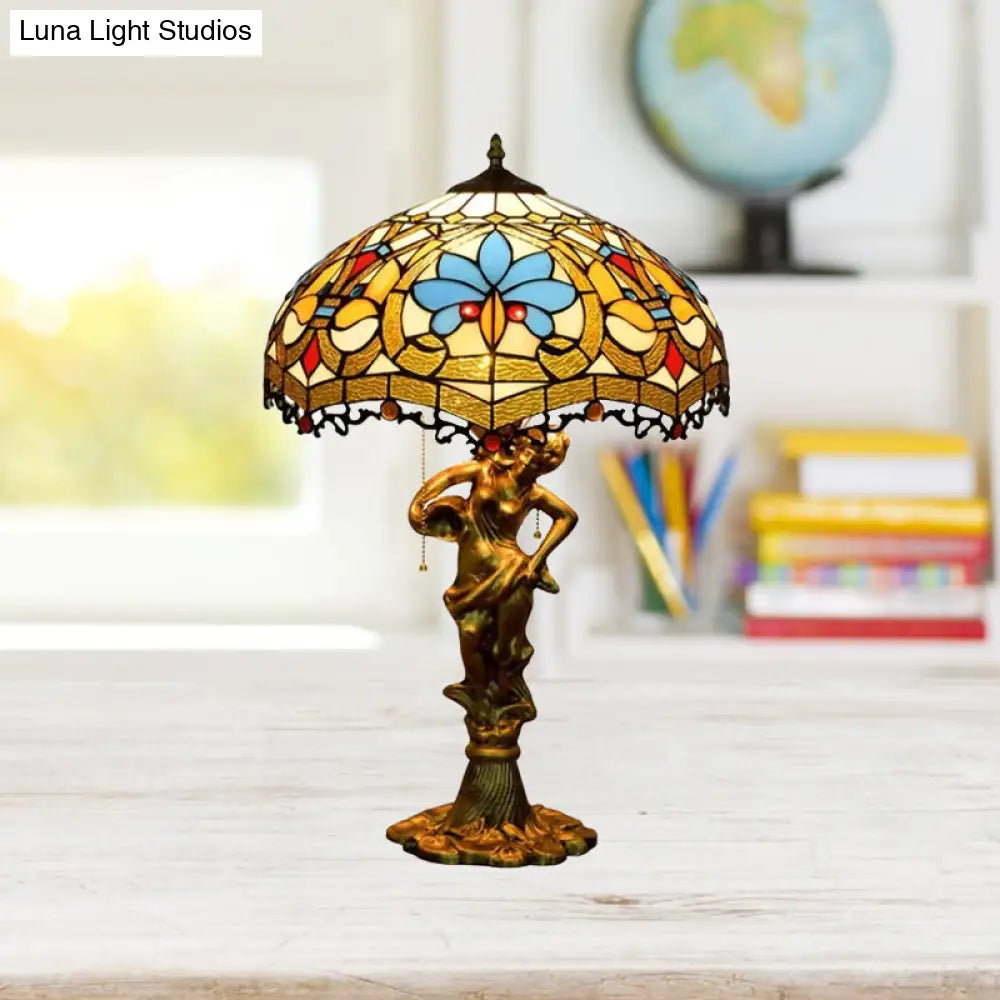 Baroque Blue/White-Brown Glass Parrot Table Lamp With Scalloped-Trim Netting: 3-Light Bronze