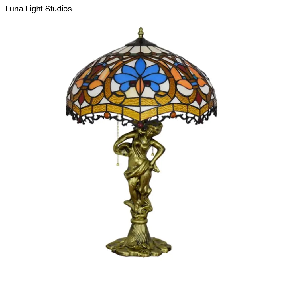 Baroque Blue/White-Brown Glass Parrot Table Lamp With Scalloped-Trim Netting: 3-Light Bronze