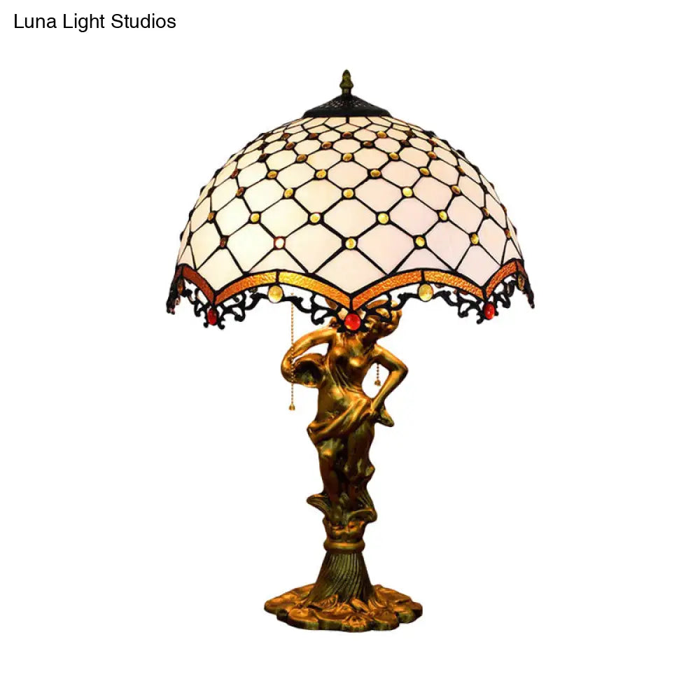 Baroque Blue/White-Brown Glass Parrot Table Lamp With Scalloped-Trim Netting: 3-Light Bronze