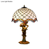 Baroque Blue/White-Brown Glass Parrot Table Lamp With Scalloped-Trim Netting: 3-Light Bronze