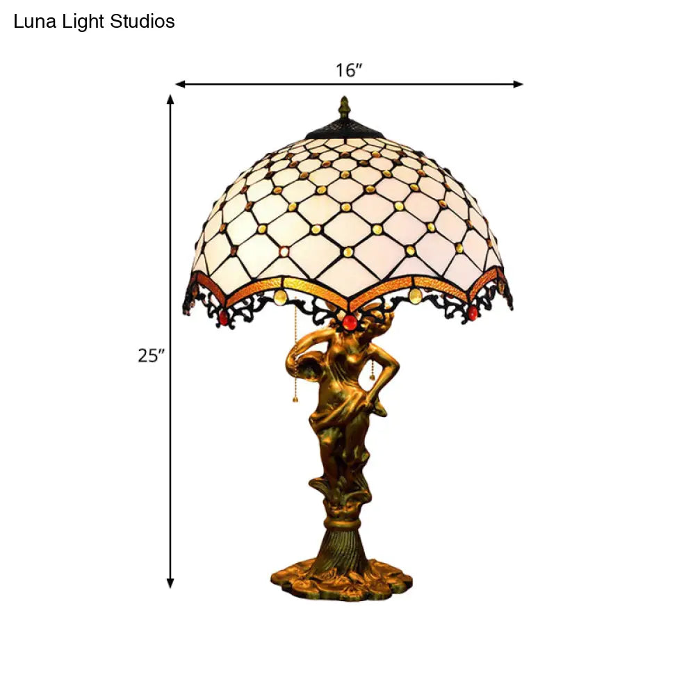 Baroque Blue/White-Brown Glass Parrot Table Lamp With Scalloped-Trim Netting: 3-Light Bronze