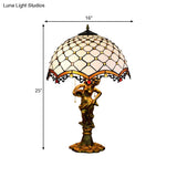 Baroque Blue/White-Brown Glass Parrot Table Lamp With Scalloped-Trim Netting: 3-Light Bronze