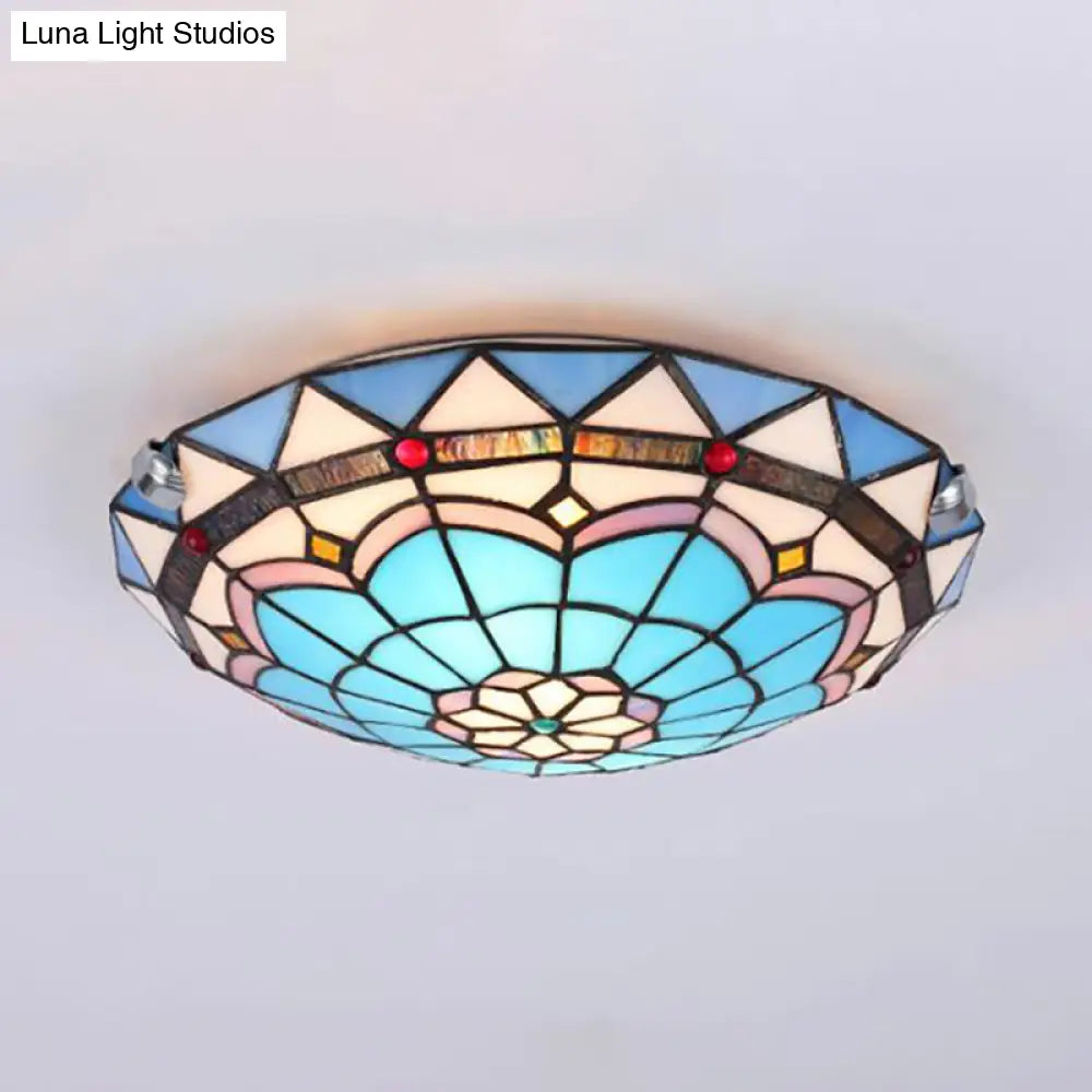 Baroque Bowl Flush Mount Stained Glass Ceiling Light In Blue/Blue - Brown - 12’/16’/19.5’ Wide
