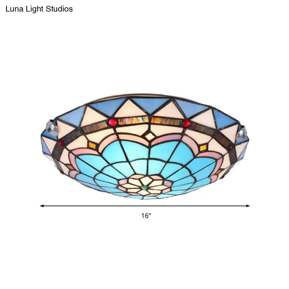 Baroque Bowl Flush Mount Stained Glass Ceiling Light In Blue/Blue - Brown - 12’/16’/19.5’ Wide