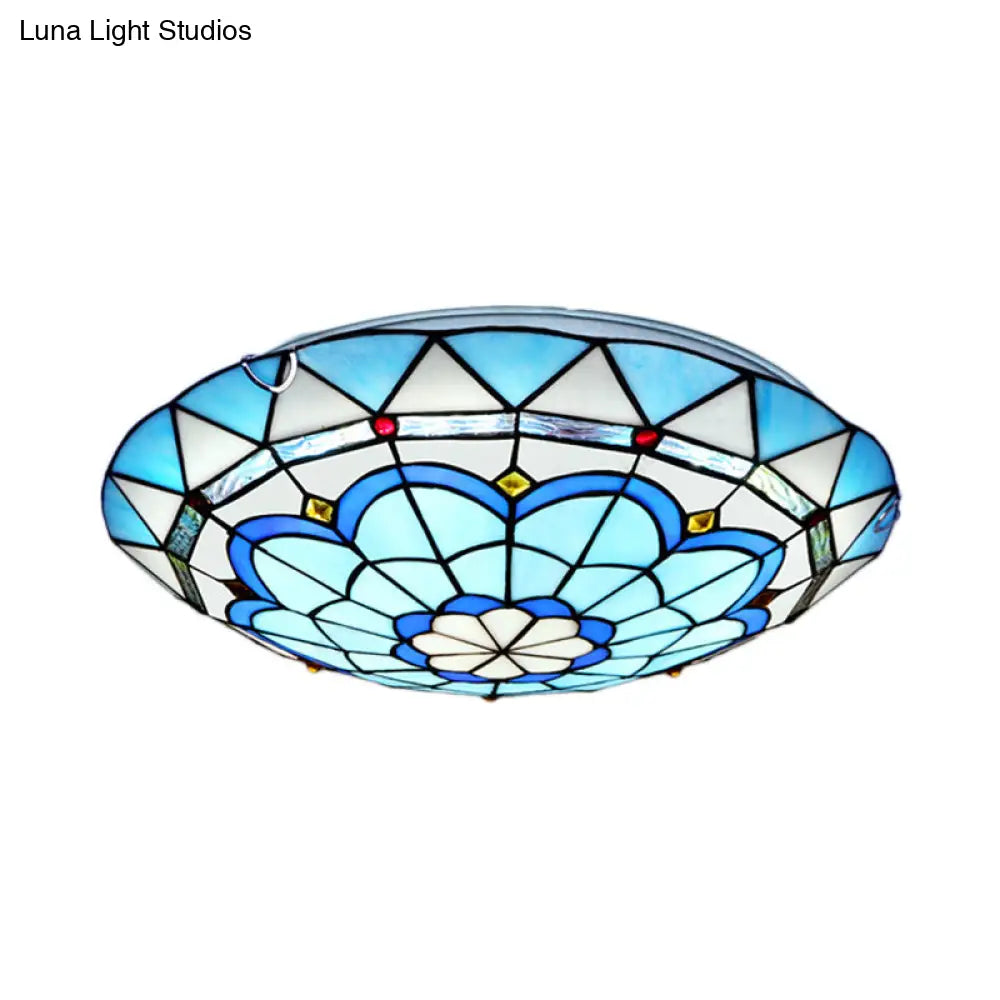 Baroque Bowl Flush Mount Stained Glass Ceiling Light In Blue/Blue - Brown - 12’/16’/19.5’ Wide